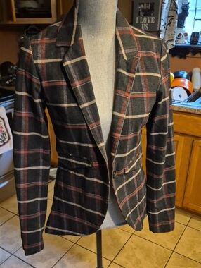 Volcom Black Plaid Women's Blazer with Red and Cream Stripes